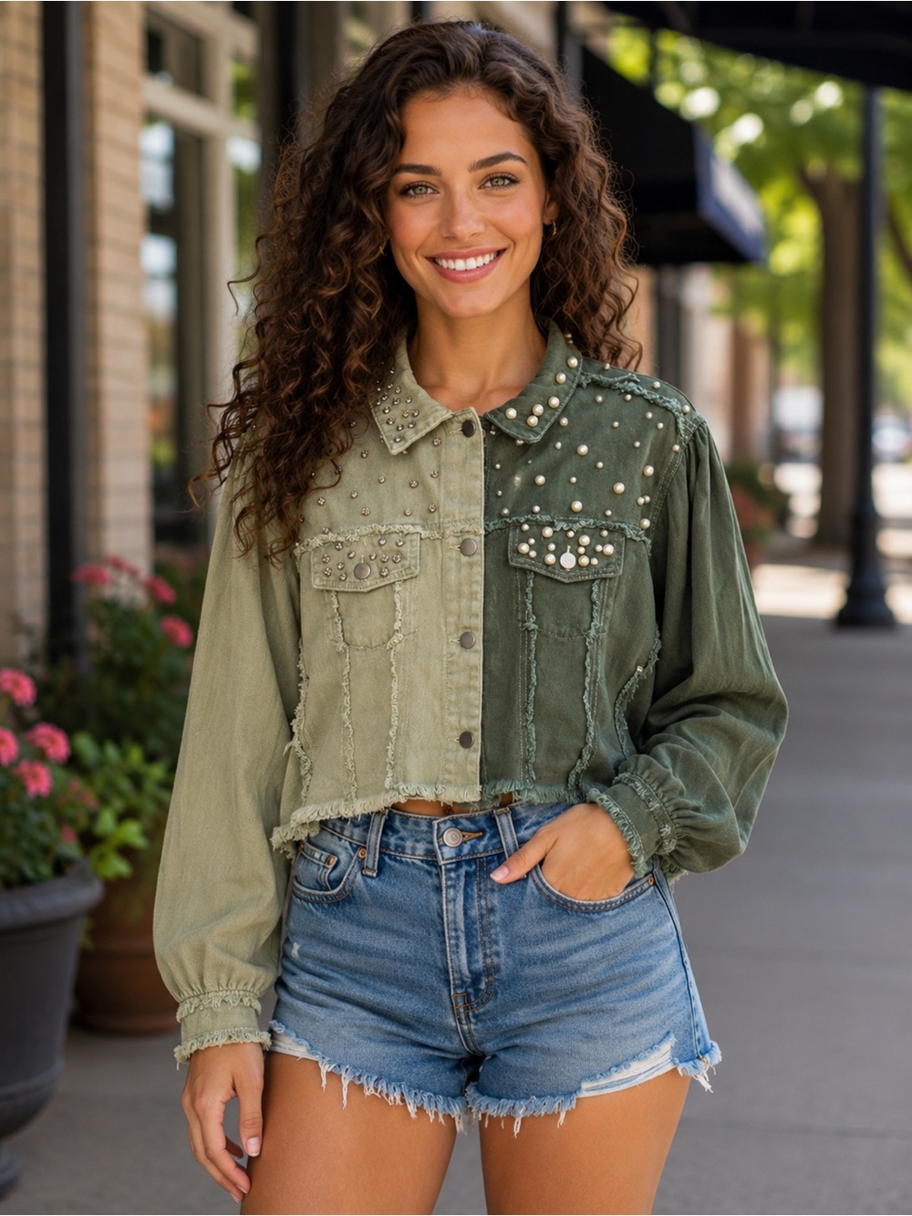 H207 POL L pp22 Two-Tone Olive & Sage Pearl-Studded Denim Jacket Top - Picture 1 of 10